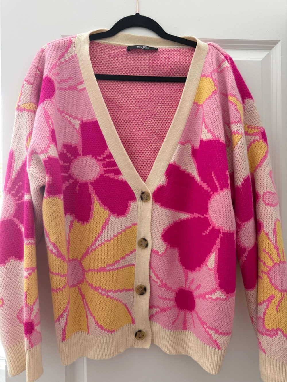 Miss Lola Pink, Yellow & Cream Floral V-Neck Cardigan
